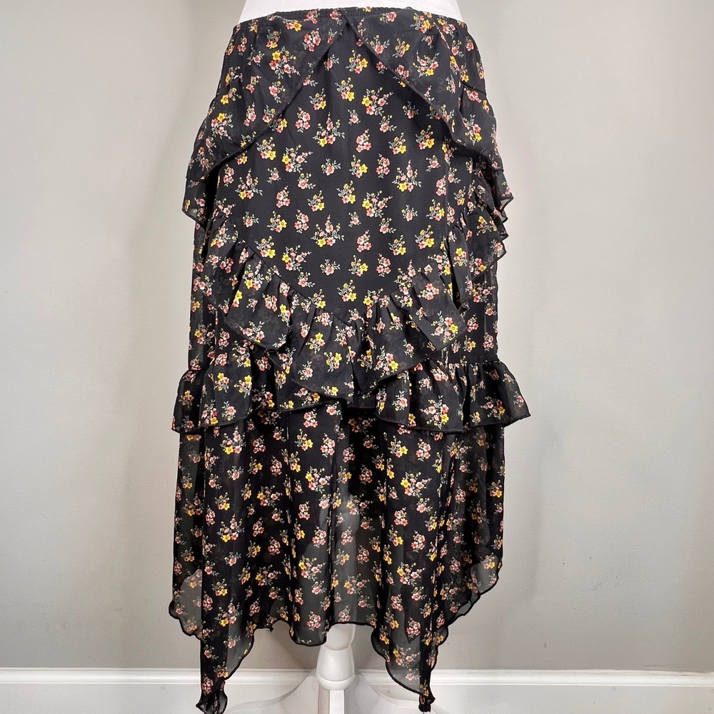Black floral‎ skirt whimsigoth fairy grunge dark romantic hanky hem Sz L